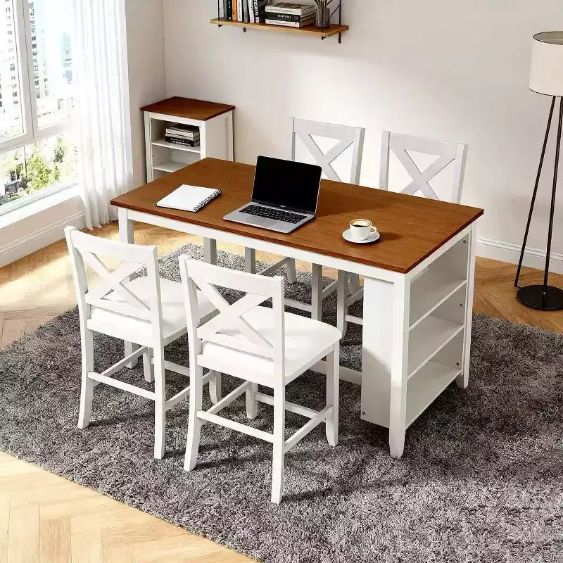 Ensemble table et chaises 5 pièces hauteur comptoir avec étagères de rangement, blanc et noyer, style ferme moderne – Sanzelize Design