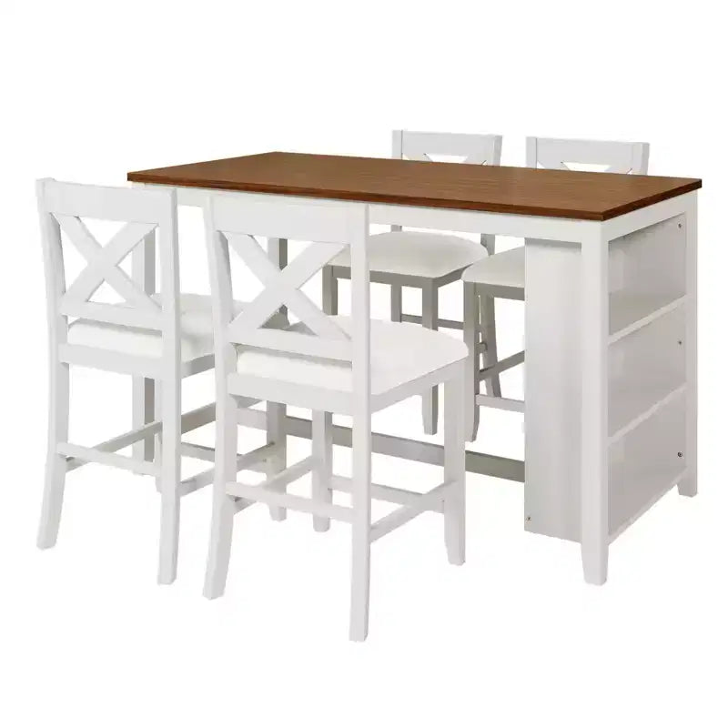Ensemble table et chaises 5 pièces hauteur comptoir avec étagères de rangement, blanc et noyer, style ferme moderne – Sanzelize Design
