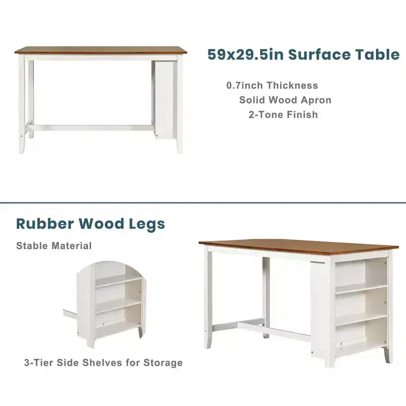 Ensemble table et chaises 5 pièces hauteur comptoir avec étagères de rangement, blanc et noyer, style ferme moderne – Sanzelize Design
