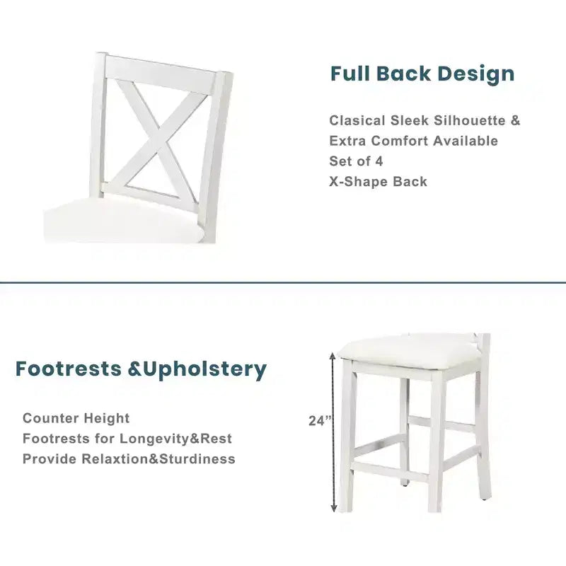 Ensemble table et chaises 5 pièces hauteur comptoir avec étagères de rangement, blanc et noyer, style ferme moderne – Sanzelize Design