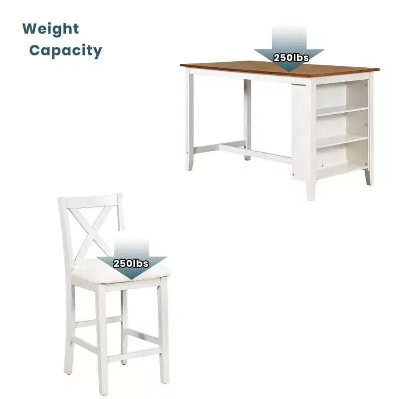 Ensemble table et chaises 5 pièces hauteur comptoir avec étagères de rangement, blanc et noyer, style ferme moderne – Sanzelize Design