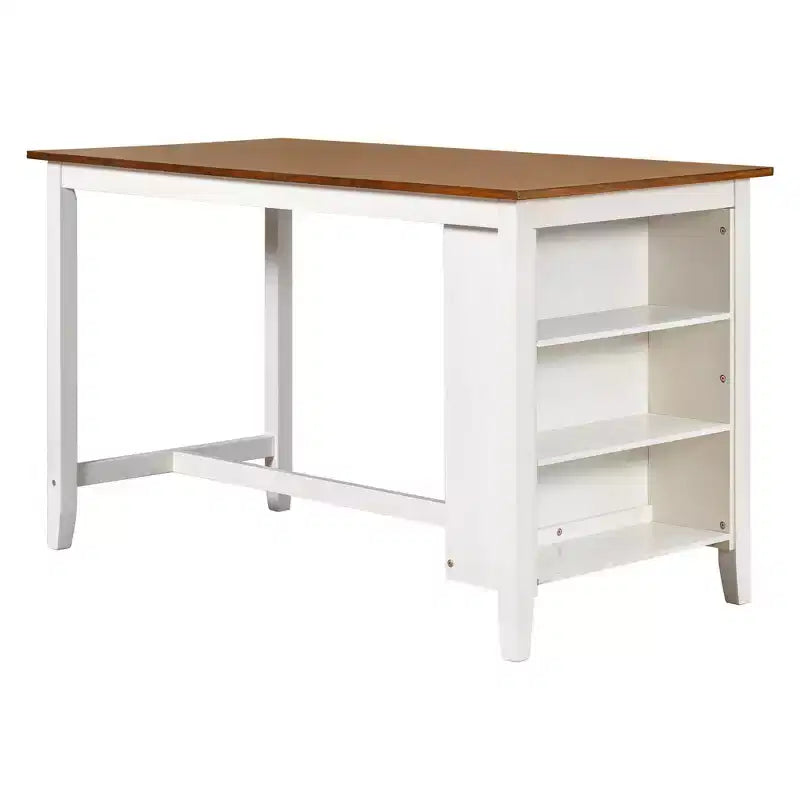 Ensemble table et chaises 5 pièces hauteur comptoir avec étagères de rangement, blanc et noyer, style ferme moderne – Sanzelize Design