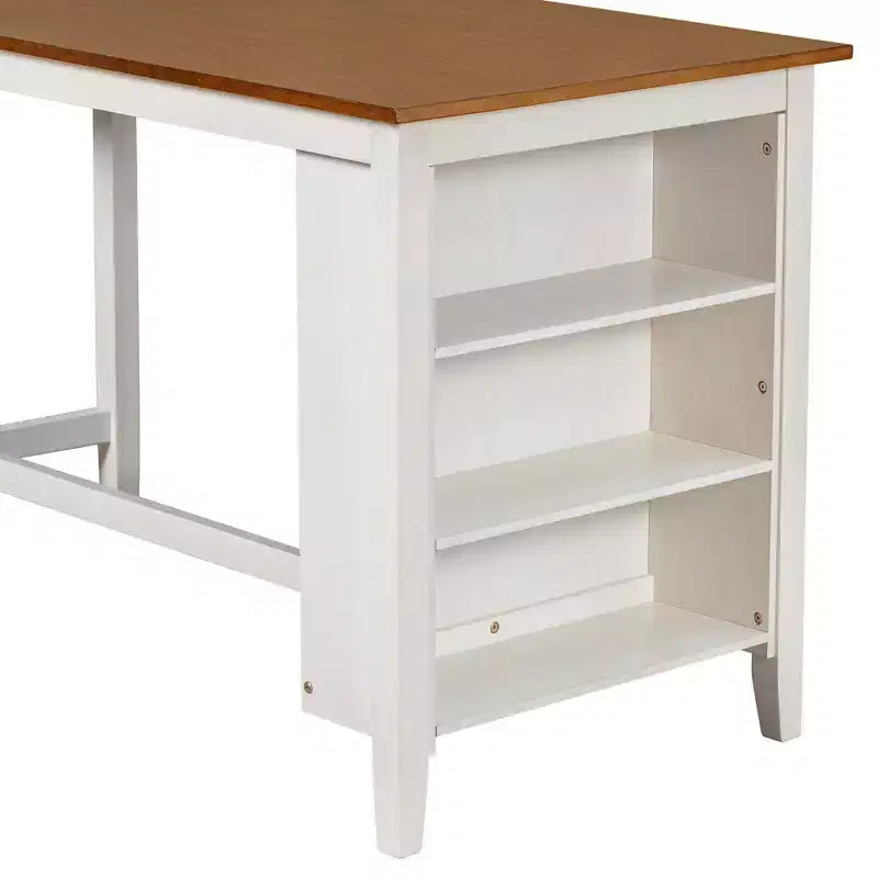 Ensemble table et chaises 5 pièces hauteur comptoir avec étagères de rangement, blanc et noyer, style ferme moderne – Sanzelize Design