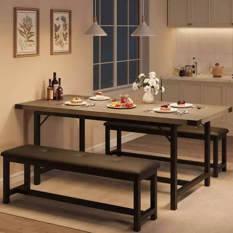 Ensemble de table à manger 160 cm pour 4-8 personnes, grand ensemble de table de cuisine extensible avec 2 bancs – Sanzelize Design