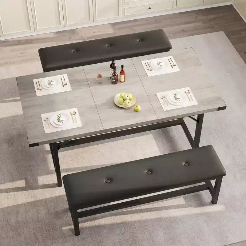 Ensemble de table à manger 160 cm pour 4-8 personnes, grand ensemble de table de cuisine extensible avec 2 bancs – Sanzelize Design