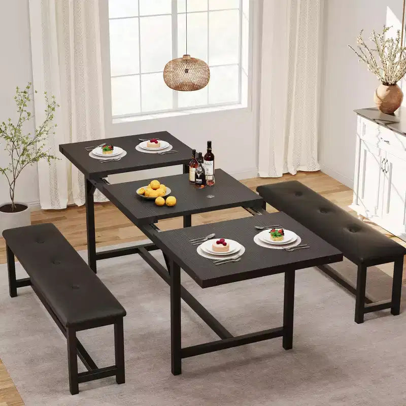 Ensemble de table à manger 160 cm pour 4-8 personnes, grand ensemble de table de cuisine extensible avec 2 bancs – Sanzelize Design