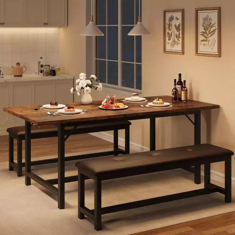 Ensemble de table à manger 160 cm pour 4-8 personnes, grand ensemble de table de cuisine extensible avec 2 bancs – Sanzelize Design