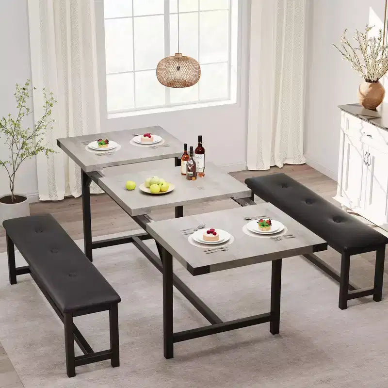 Ensemble de table à manger 160 cm pour 4-8 personnes, grand ensemble de table de cuisine extensible avec 2 bancs – Sanzelize Design