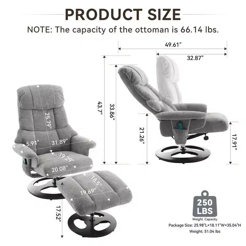 Fauteuil inclinable massant pivotant Cosette en chenille avec pouf – Sanzelize Design