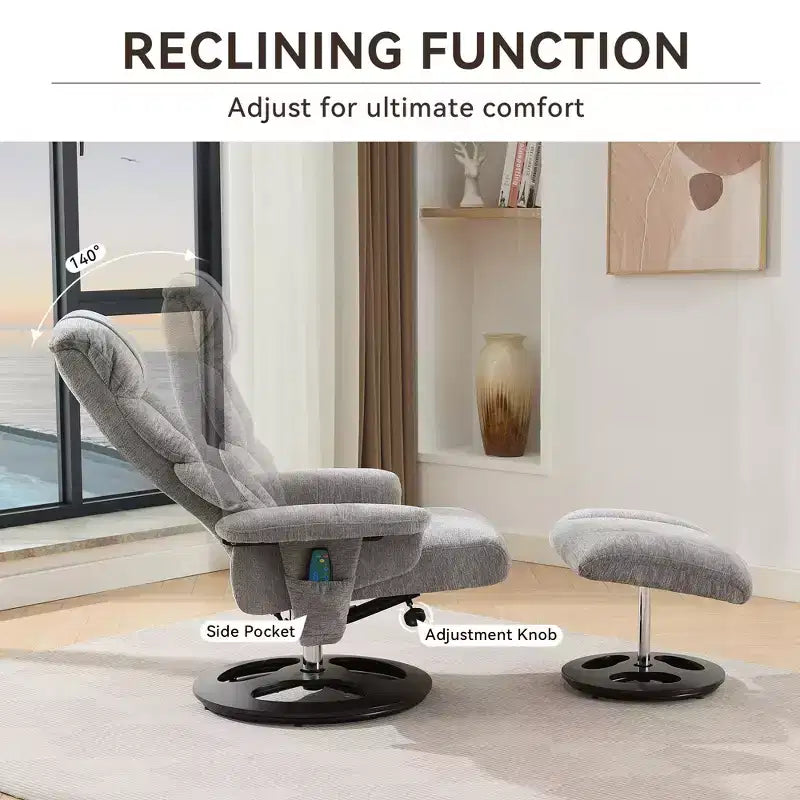 Fauteuil inclinable massant pivotant Cosette en chenille avec pouf – Sanzelize Design