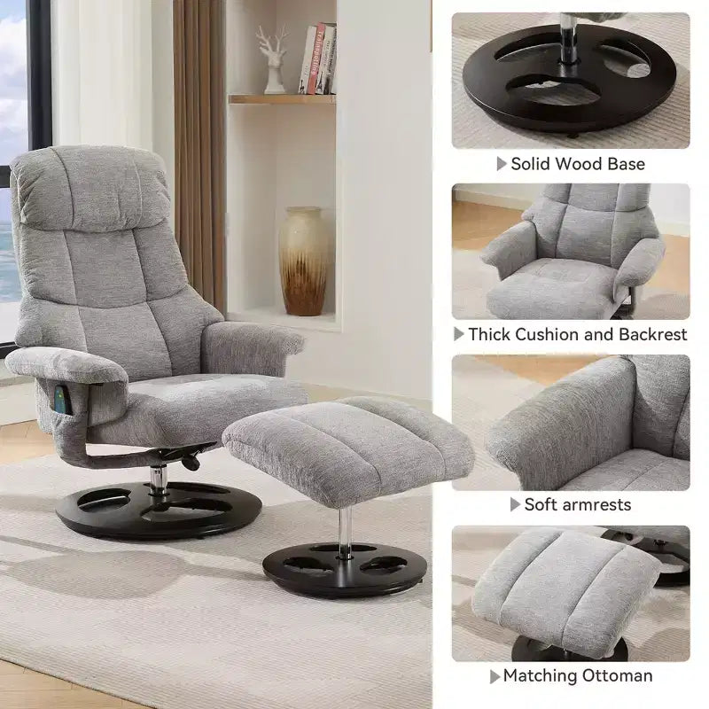 Fauteuil inclinable massant pivotant Cosette en chenille avec pouf – Sanzelize Design