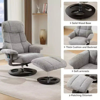 Fauteuil inclinable massant pivotant Cosette en chenille avec pouf – Sanzelize Design