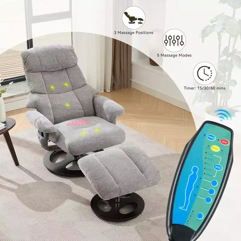 Fauteuil inclinable massant pivotant Cosette en chenille avec pouf – Sanzelize Design