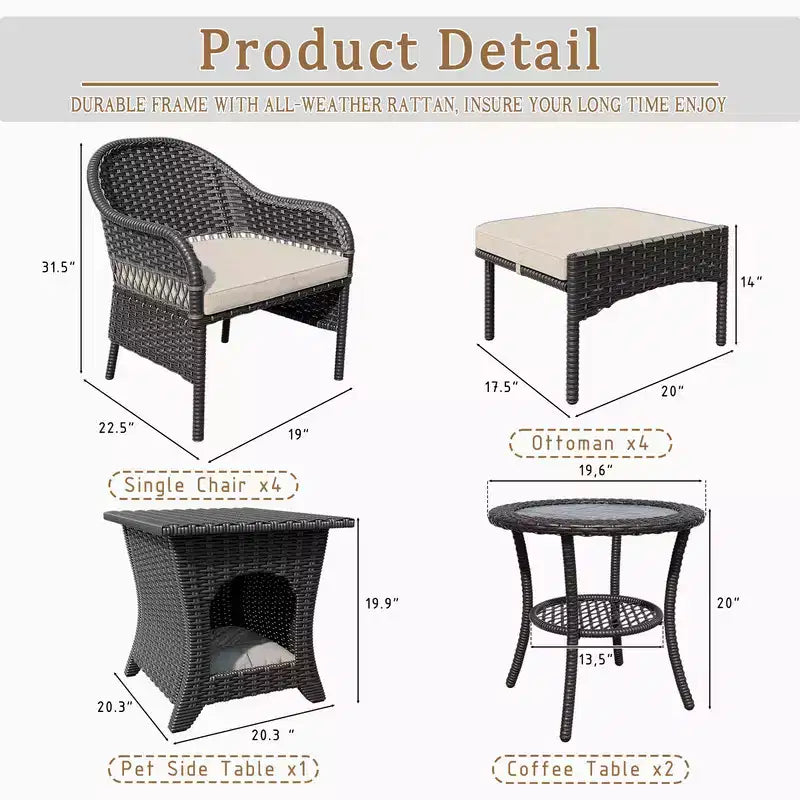 Ensemble de conversation de jardin en osier de 11 pièces – Sanzelize Design