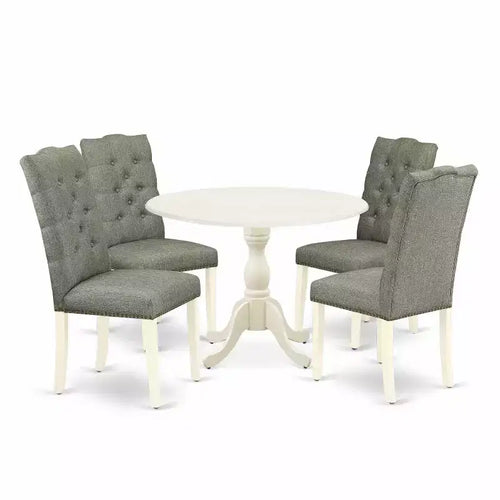 Ensemble de salle à manger 5 pièces en bois massif finition blanc lin, avec table à rallonges et 4 chaises – Sanzelize Design