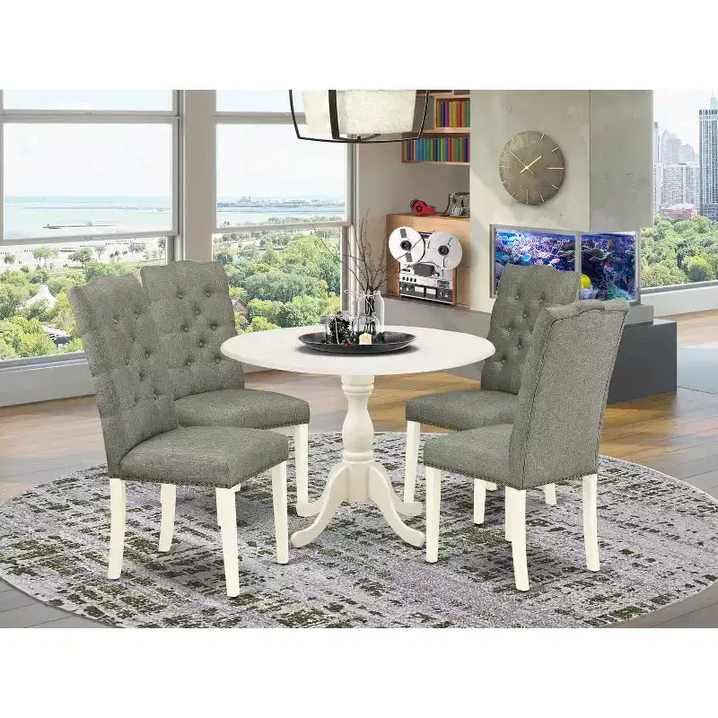 Ensemble de salle à manger 5 pièces en bois massif finition blanc lin, avec table à rallonges et 4 chaises – Sanzelize Design