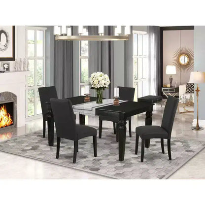 Table de salle à manger rectangulaire 5 pièces à plateau en bois massif de finition noire avec 4 chaises Parson et – Sanzelize Design