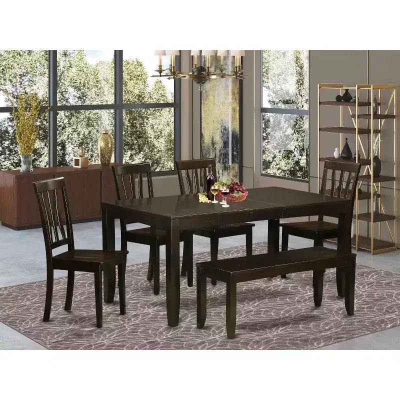 Ensemble de salle à manger 6 pièces – Table rectangulaire et 4 chaises avec banc – Fini cappuccino – Table 137/168 cm – Sanzelize Design