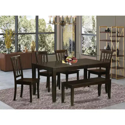 Ensemble de salle à manger 6 pièces – Table rectangulaire et 4 chaises avec banc – Fini cappuccino – Table 137/168 cm – Sanzelize Design