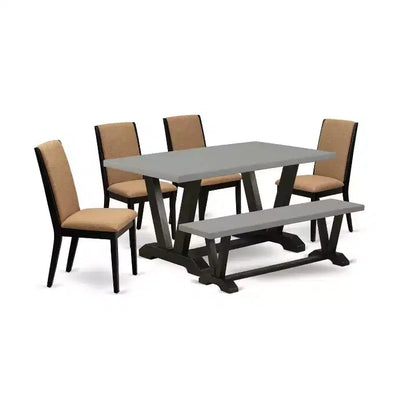 Table à manger rectangulaire 6 places avec plateau en bois massif finition chêne naturel, 1 banc et 4 chaises – Sanzelize Design