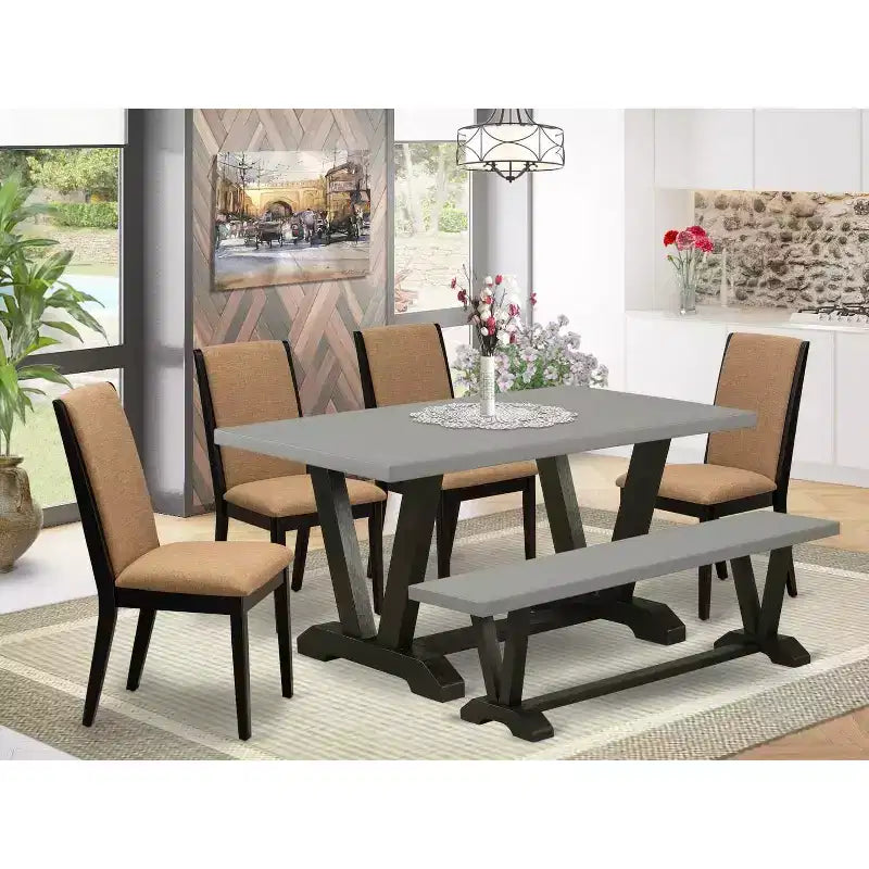 Table à manger rectangulaire 6 places avec plateau en bois massif finition chêne naturel, 1 banc et 4 chaises – Sanzelize Design