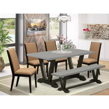 Table à manger rectangulaire 6 places avec plateau en bois massif finition chêne naturel, 1 banc et 4 chaises – Sanzelize Design