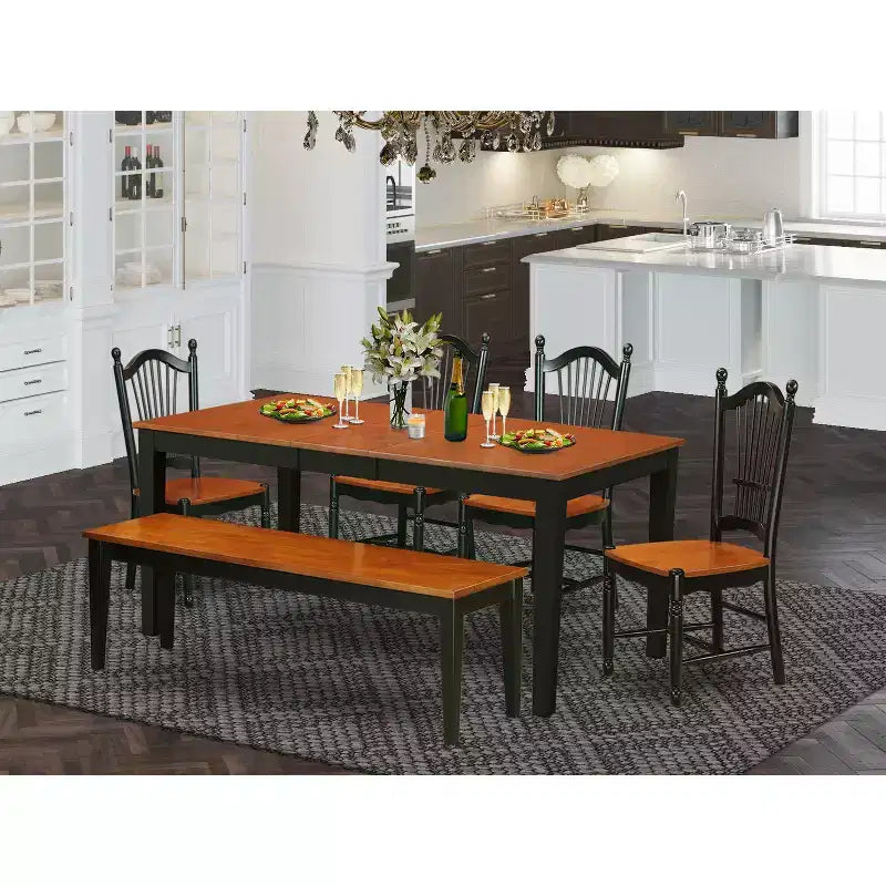 Table de salle à manger 6 pièces rectangulaire en bois massif noir et merisier avec 1 banc et 4 chaises – Sanzelize Design