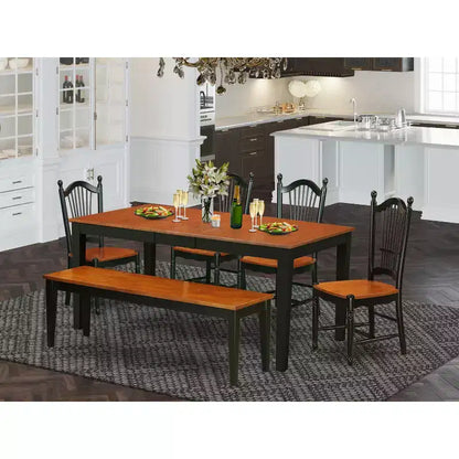 Table de salle à manger 6 pièces rectangulaire en bois massif noir et merisier avec 1 banc et 4 chaises – Sanzelize Design