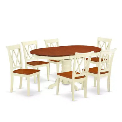 Ensemble de salle à manger 7 pièces, table ovale en bois et 6 chaises – Finition Blanc cassé et Merisier – Sanzelize Design