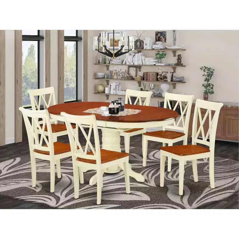 Ensemble de salle à manger 7 pièces, table ovale en bois et 6 chaises – Finition Blanc cassé et Merisier – Sanzelize Design