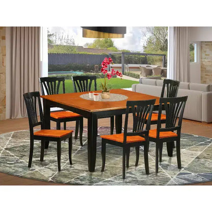 Table à manger 7 pièces plateau en bois massif finition noire et cerise avec 6 chaises – Sanzelize Design