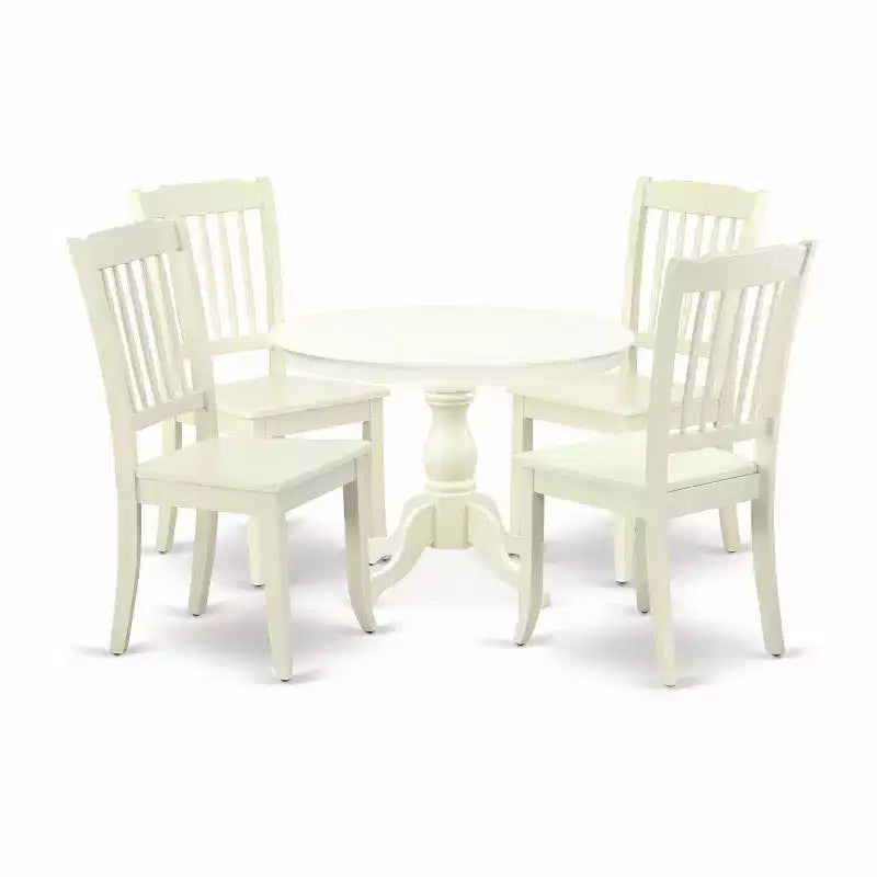 Table à manger 5 pièces en bois massif finition lin blanc avec 4 chaises à dossier ajouré – Sanzelize Design