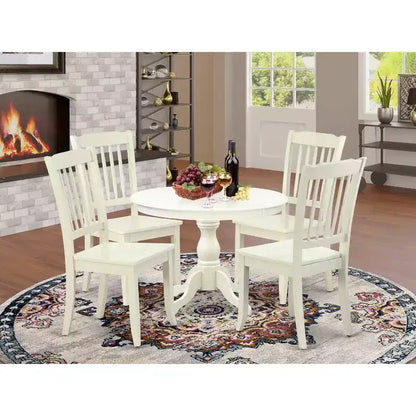 Table à manger 5 pièces en bois massif finition lin blanc avec 4 chaises à dossier ajouré – Sanzelize Design
