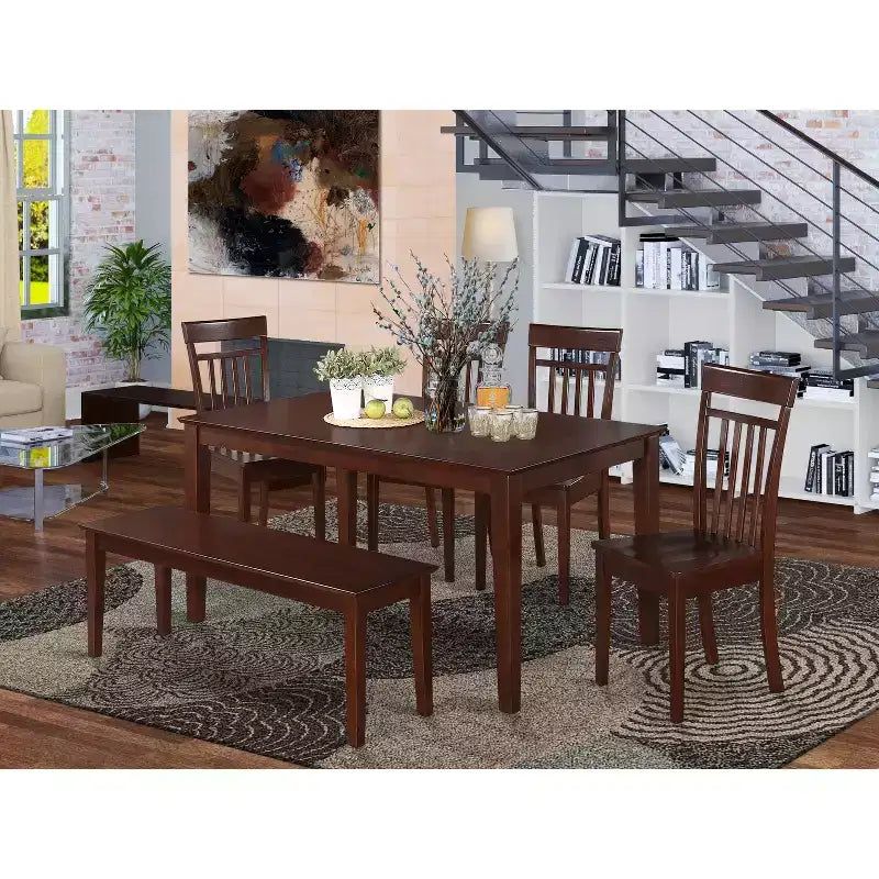 Table à manger rectangulaire 6 pièces en bois massif finition cappuccino avec 1 banc et 4 chaises – Sanzelize Design