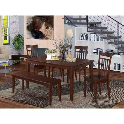 Table à manger rectangulaire 6 pièces en bois massif finition cappuccino avec 1 banc et 4 chaises – Sanzelize Design