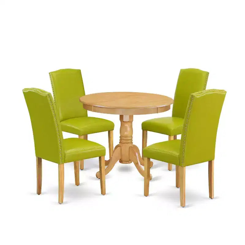 Ensemble de salle à manger rond style ferme - table 5 pièces et chaises, table 91,4 cm, pieds en chêne, cuir PU – Sanzelize Design