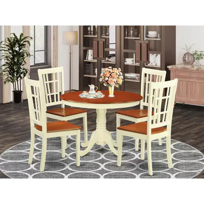 Ensemble de salle à manger 5 pièces en bois massif, table ronde à plateau laiteux et cerisier avec 4 chaises – Sanzelize Design