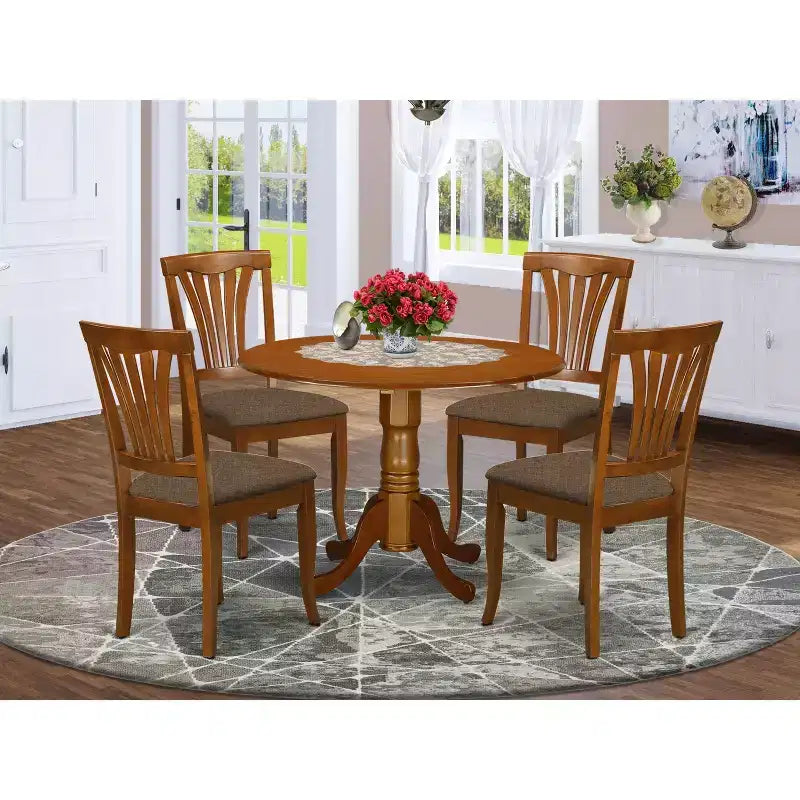 Table à manger ronde 5 pièces avec plateau en bois massif finition marron selle et 4 chaises – Sanzelize Design
