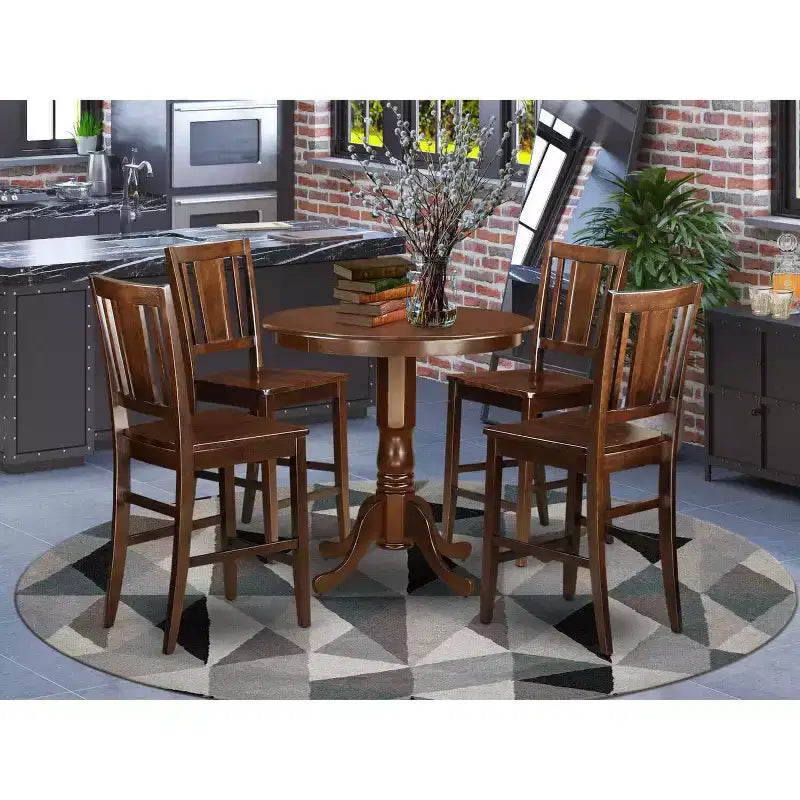 Table de salle à manger 5 pièces ronde en bois massif finition acajou avec 4 chaises – Sanzelize Design