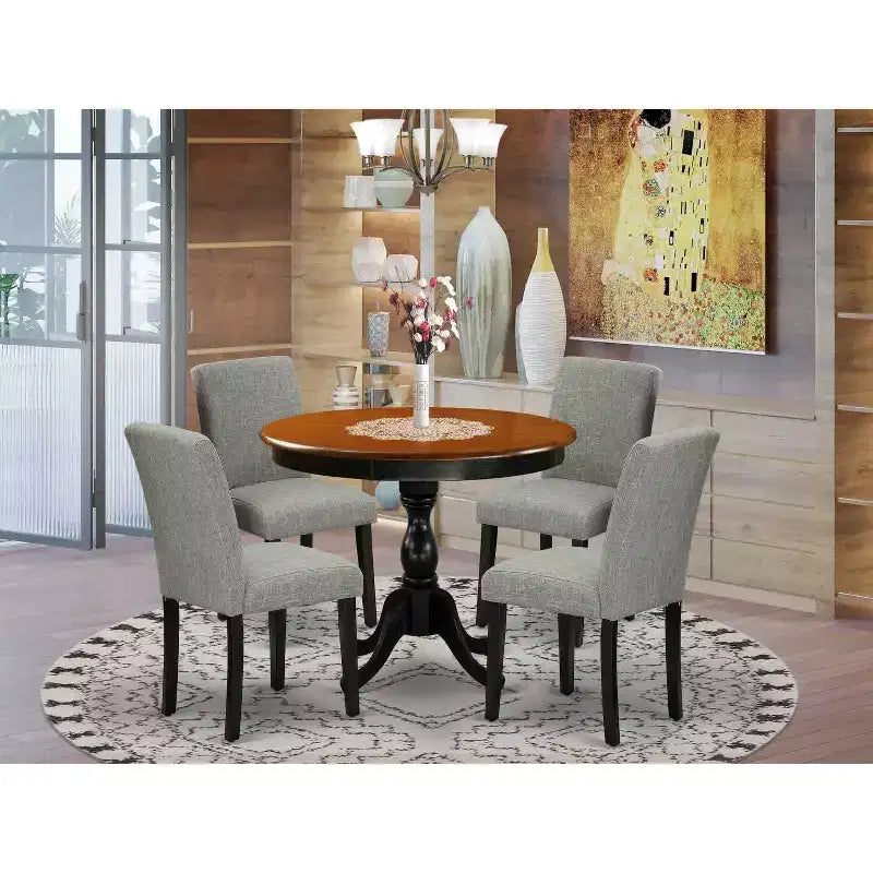 Table à dîner 5 pièces en bois massif noir et merisier avec 4 chaises Parson – Sanzelize Design