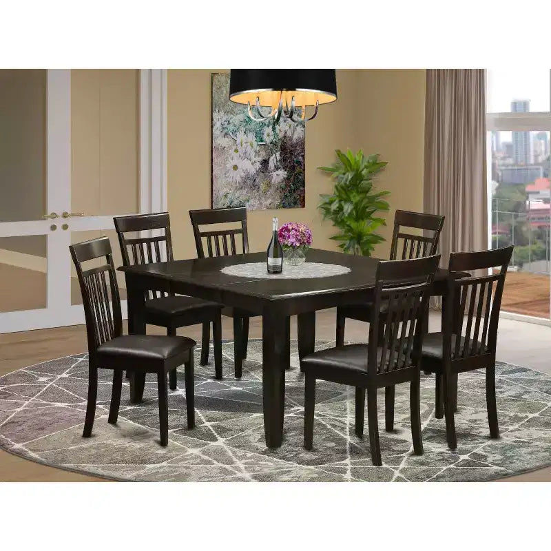 Ensemble de salle à manger 7 pièces avec table carrée et plateau en bois massif finition cappuccino et 6 chaises – Sanzelize Design