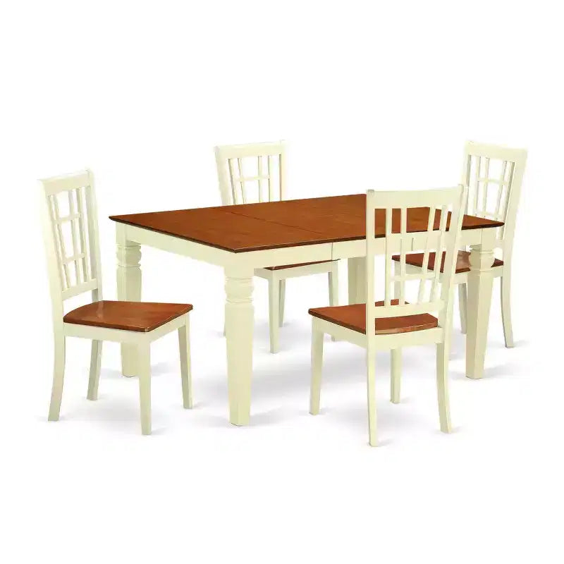 Ensemble table à manger 5 pièces en bois massif finition cerisier et crème avec 4 chaises – Sanzelize Design