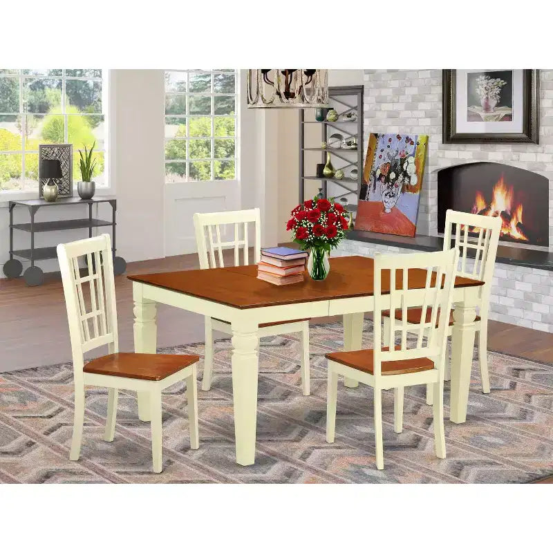 Ensemble table à manger 5 pièces en bois massif finition cerisier et crème avec 4 chaises – Sanzelize Design