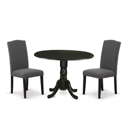 Table à manger ronde 3 pièces avec plateau en bois massif finition noire et 2 chaises Parson avec rallonge à rabat – Sanzelize Design