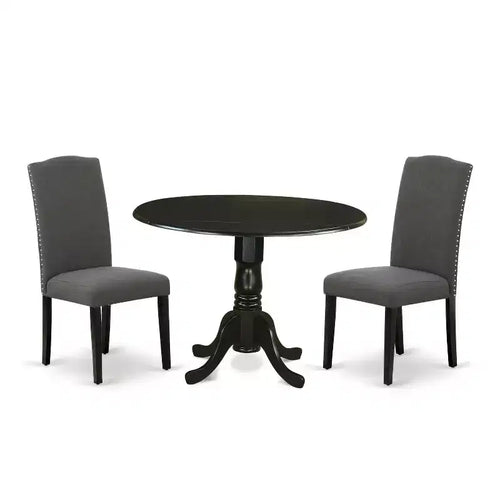 Table à manger ronde 3 pièces avec plateau en bois massif finition noire et 2 chaises Parson avec rallonge à rabat – Sanzelize Design