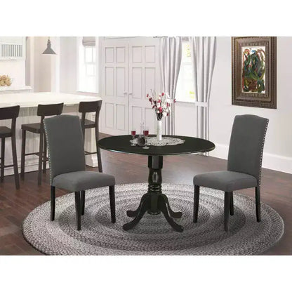 Table à manger ronde 3 pièces avec plateau en bois massif finition noire et 2 chaises Parson avec rallonge à rabat – Sanzelize Design