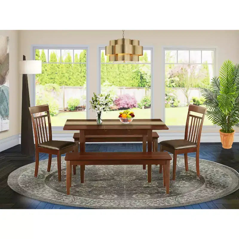 Ensemble de 5 pièces: table à manger rectangulaire en bois massif finition acajou avec 4 chaises – Sanzelize Design