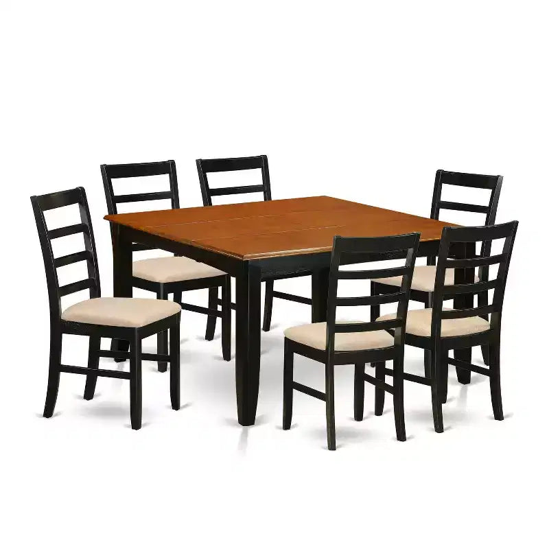 Table de salle à manger 7 pièces avec plateau carré en bois massif finition noir et cerisier et 6 chaises – Sanzelize Design