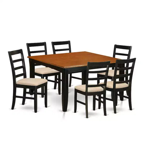 Table de salle à manger 7 pièces avec plateau carré en bois massif finition noir et cerisier et 6 chaises – Sanzelize Design