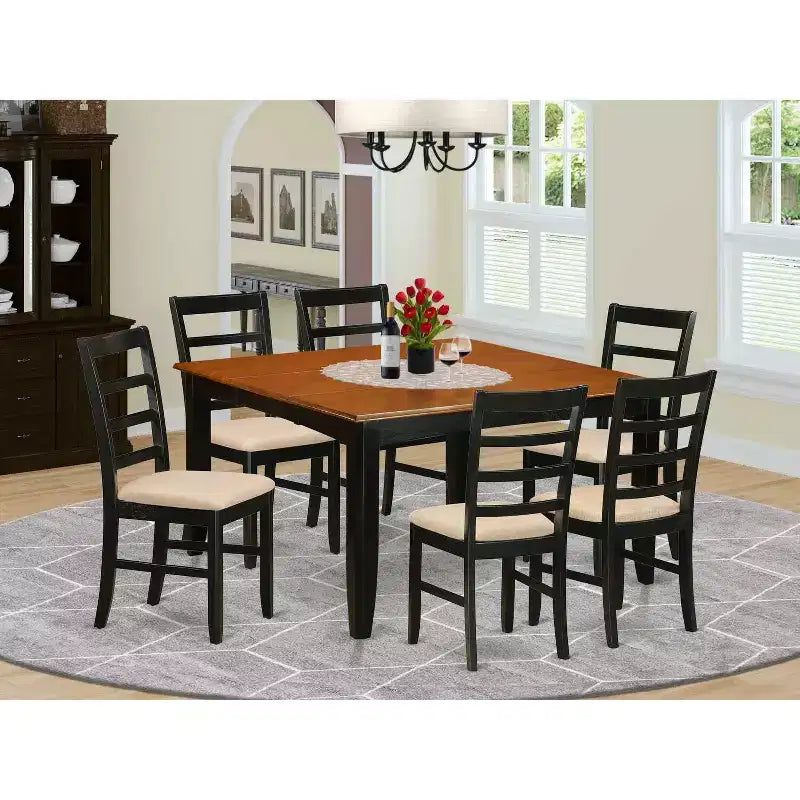 Table de salle à manger 7 pièces avec plateau carré en bois massif finition noir et cerisier et 6 chaises – Sanzelize Design